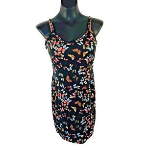 Popular 21 Women's L Juniors Tank Dress V Neck Black Colorful Butterfly Bodycon